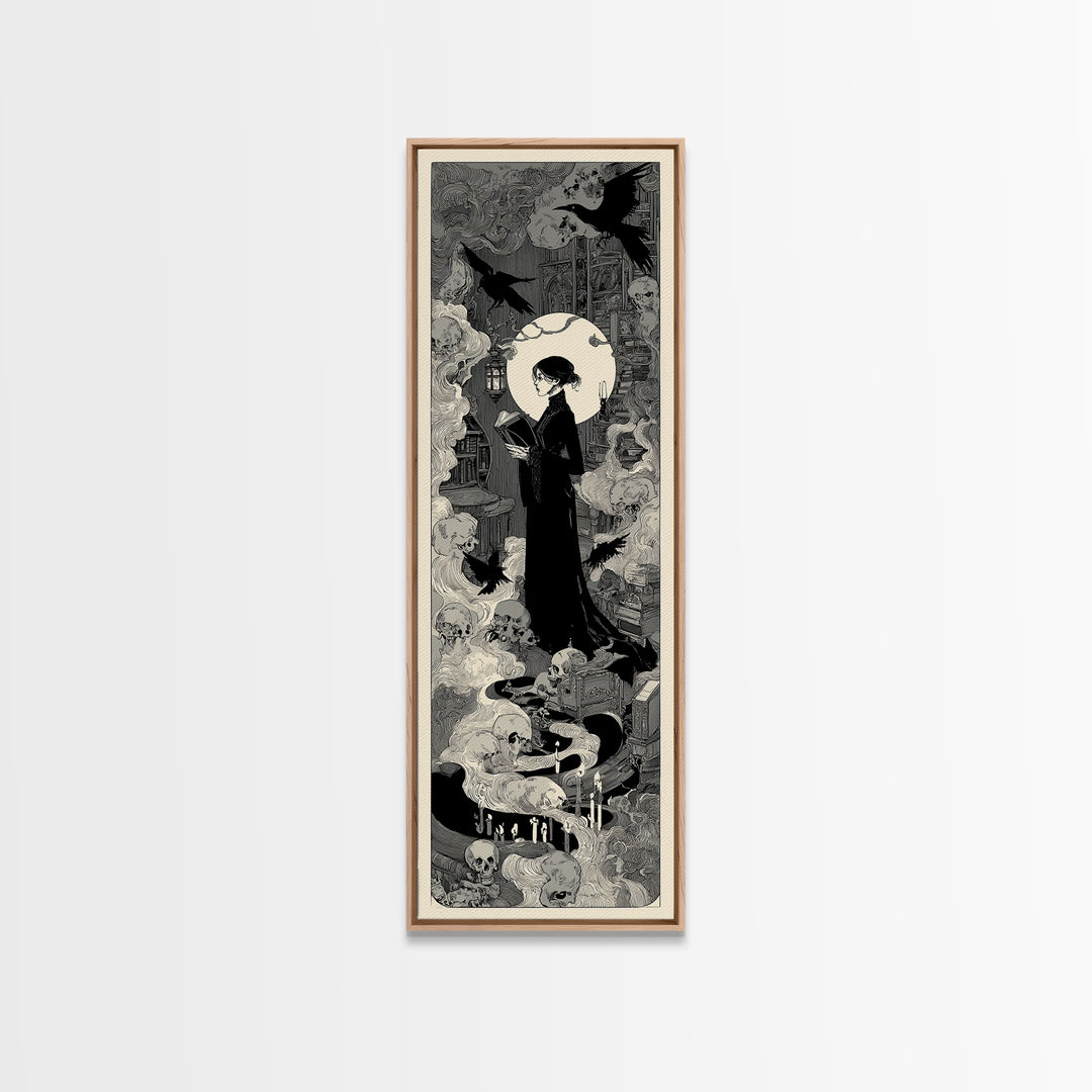 The Crypt Librarian, Decadent Line Art, Tall Narrow Wall Art, Dark Fantasy Wall Art, Framed Canvas Print, Halloween Wall Art