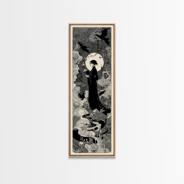 The Crypt Librarian, Decadent Line Art, Tall Narrow Wall Art, Dark Fantasy Wall Art, Framed Canvas Print, Halloween Wall Art