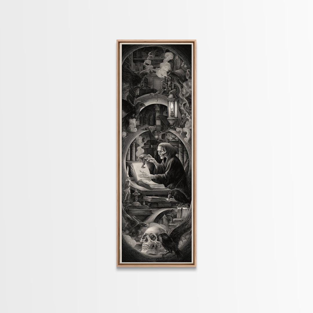 The Crypt Librarian, Biomechanical Horror Art, Tall Narrow Wall Art, Macabre Wall Art, Framed Canvas Print, Halloween Wall Art