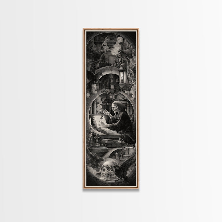 The Crypt Librarian, Biomechanical Horror Art, Tall Narrow Wall Art, Macabre Wall Art, Framed Canvas Print, Halloween Wall Art