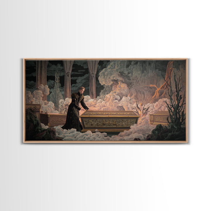 The Royal Coffin Maker, Apocalyptic Romantic Art, Wide Panoramic Art, Macabre Wall Art, Framed Canvas Print, Halloween Wall Art