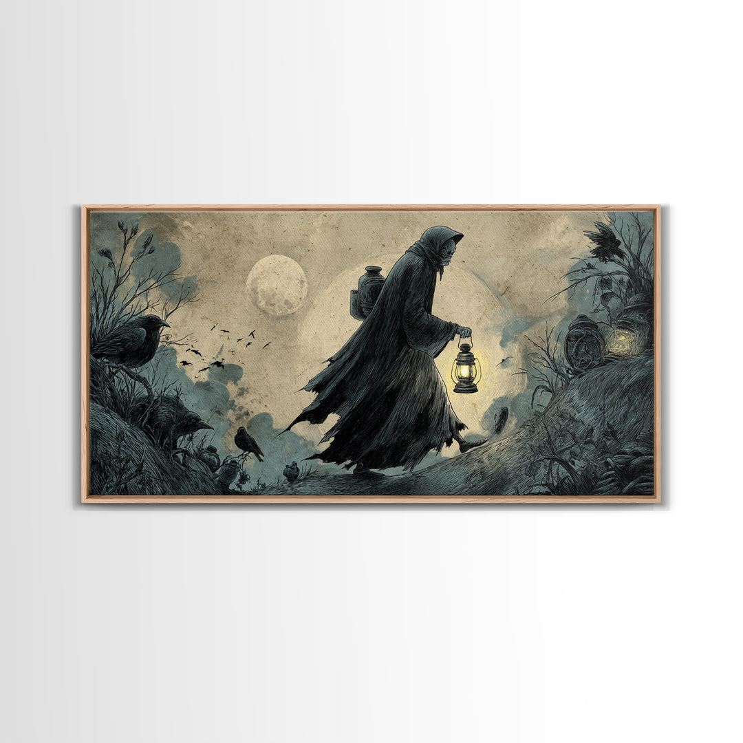 The Soul Collector, Expressionist Nightmare Art, Wide Panoramic Art, Dark Fantasy Wall Art, Framed Canvas Print, Halloween Wall Art