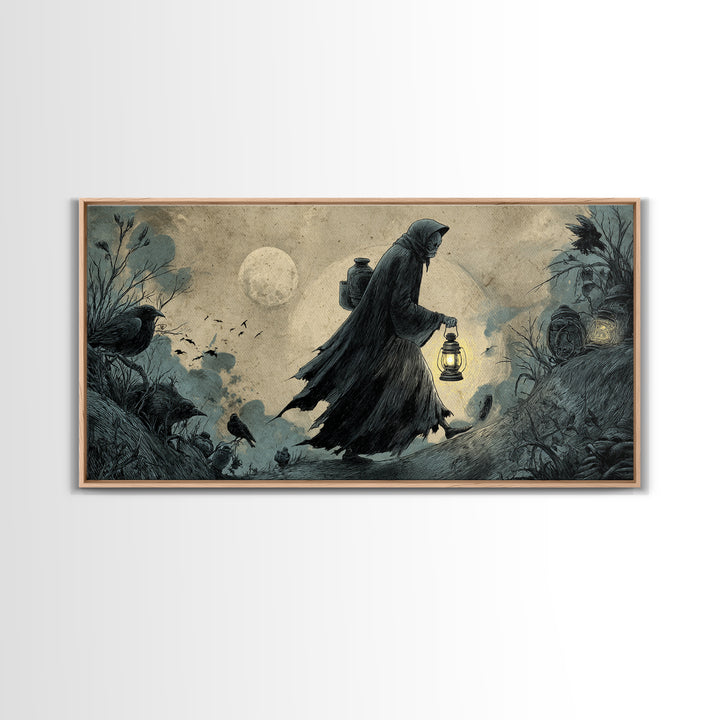 The Soul Collector, Expressionist Nightmare Art, Wide Panoramic Art, Dark Fantasy Wall Art, Framed Canvas Print, Halloween Wall Art