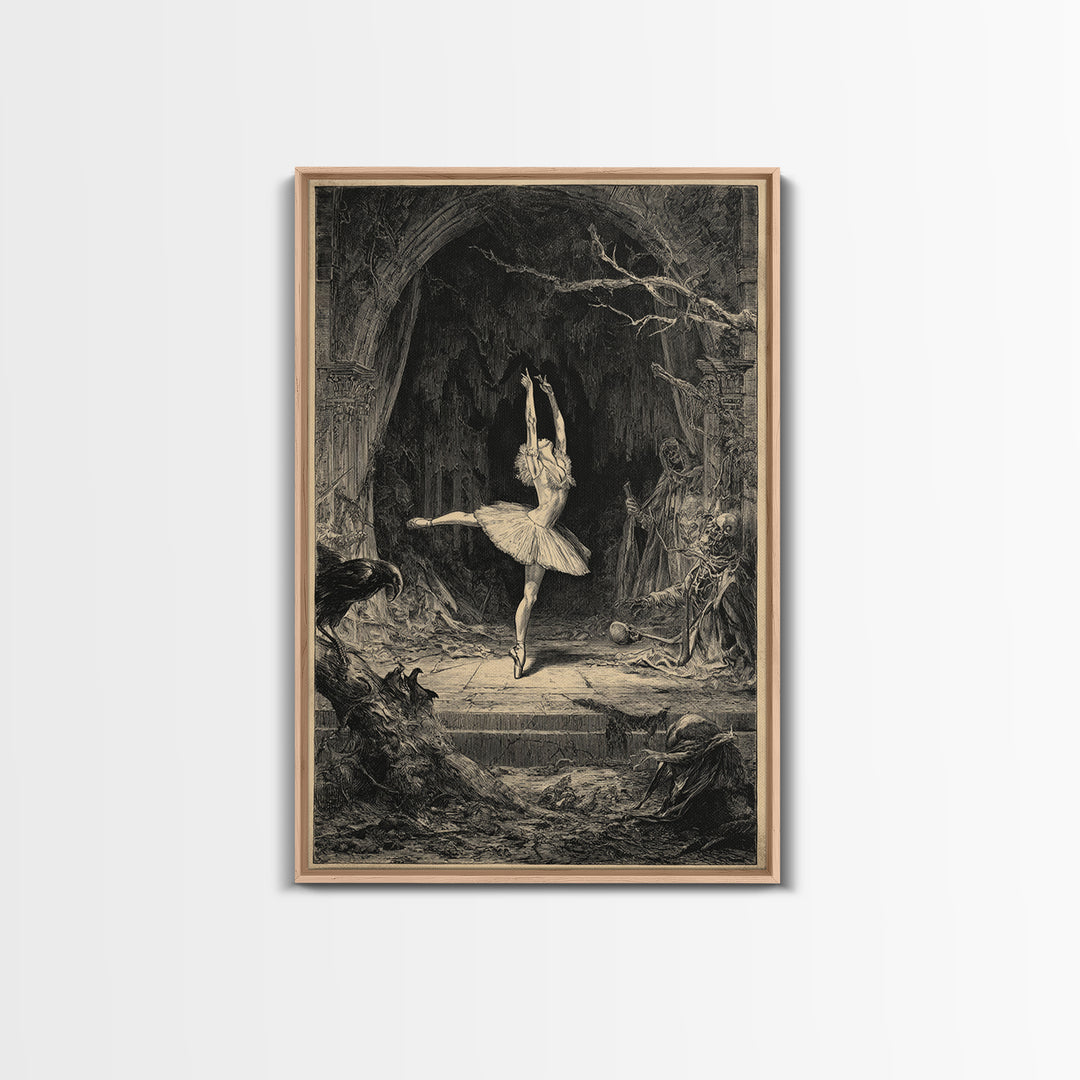 The Phantom Ballerina, Renaissance Engraving Art, Vertical Wall Art, Macabre Wall Art, Framed Canvas Print, Halloween Wall Art