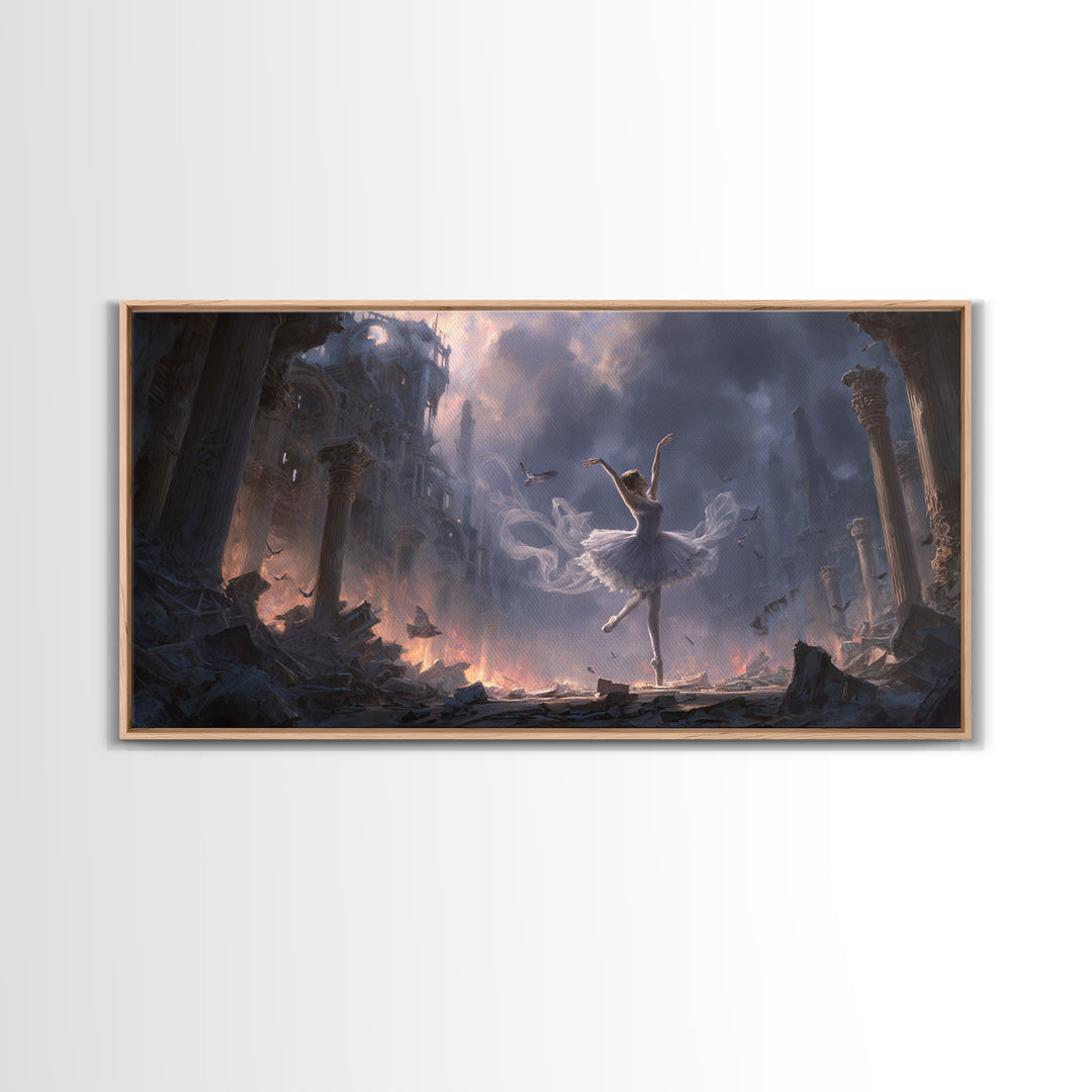 The Phantom Ballerina, Apocalyptic Romantic Art, Wide Panoramic Art, Macabre Wall Art, Framed Canvas Print, Halloween Wall Art