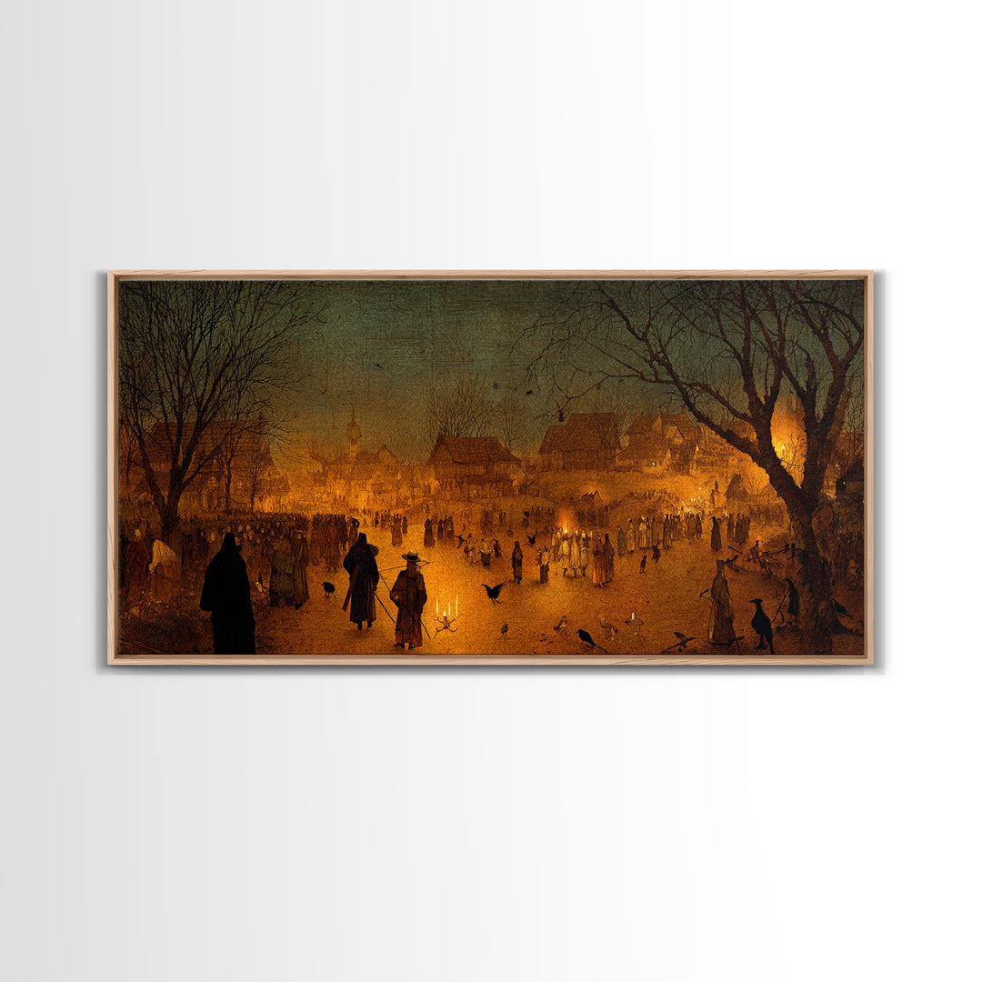 The Ghost Of The Witch Hunter, Northern Renaissance Horror, Wide Panoramic Art, Dark Fantasy Wall Art, Framed Canvas Print