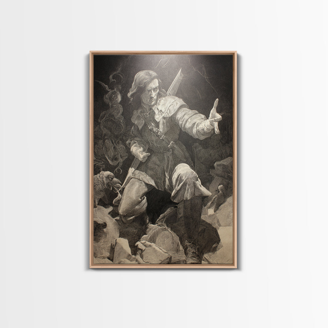 The Ghost Of The Witch Hunter, Renaissance Engraving Art, Vertical Wall Art, Macabre Wall Art, Framed Canvas Print, Halloween Wall Art