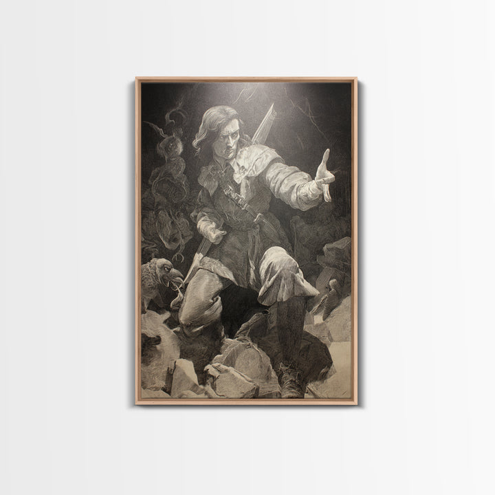 The Ghost Of The Witch Hunter, Renaissance Engraving Art, Vertical Wall Art, Macabre Wall Art, Framed Canvas Print, Halloween Wall Art
