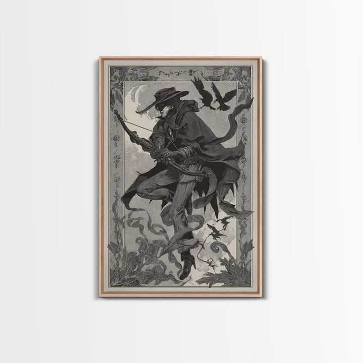 The Ghost Of The Witch Hunter, Decadent Line Art, Vertical Wall Art, Dark Halloween Decor, Framed Canvas Print, Horror Wall Art