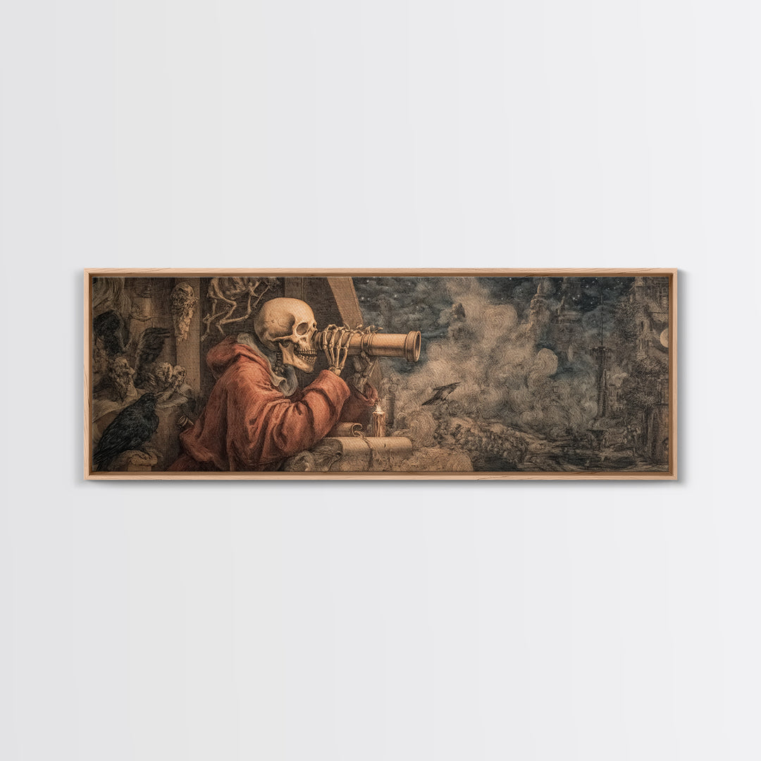 The Skull Astronomer, Medieval Grotesque Art, Extra Wide Wall Art, Dark Fantasy Wall Art, Framed Canvas Print, Halloween Wall Art
