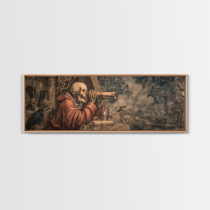The Skull Astronomer, Medieval Grotesque Art, Extra Wide Wall Art, Dark Fantasy Wall Art, Framed Canvas Print, Halloween Wall Art