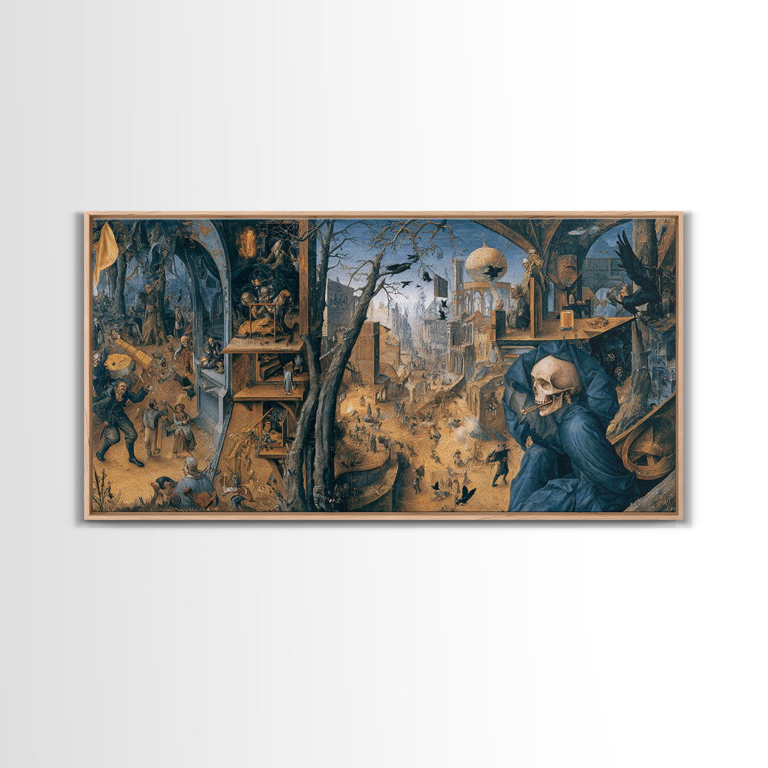 The Skull Astronomer, Northern Renaissance Horror, Wide Panoramic Art, Dark Fantasy Wall Art, Framed Canvas Print