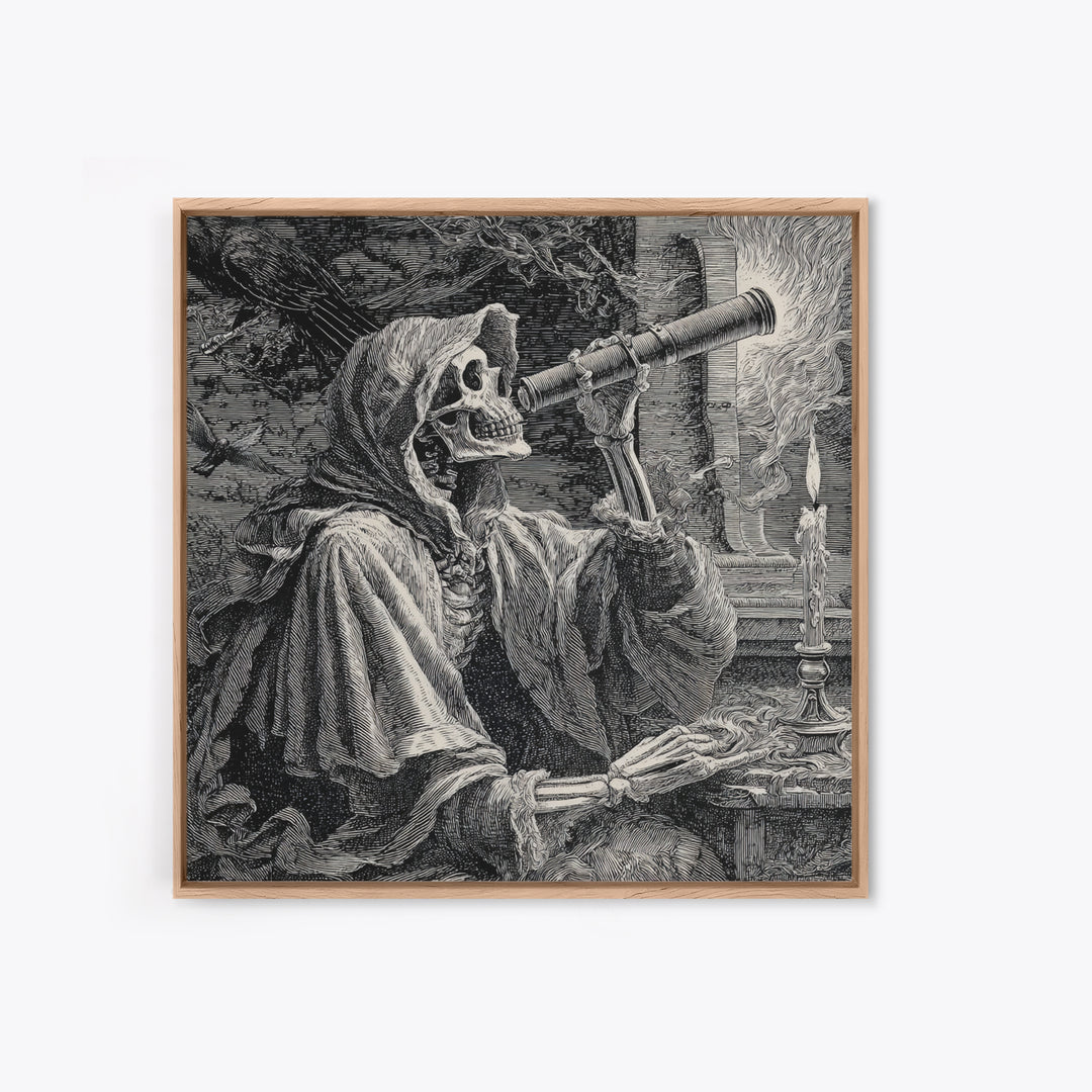The Skull Astronomer, Renaissance Engraving Art, Square Wall Art, Dark Fantasy Wall Art, Framed Canvas Print, Halloween Wall Art