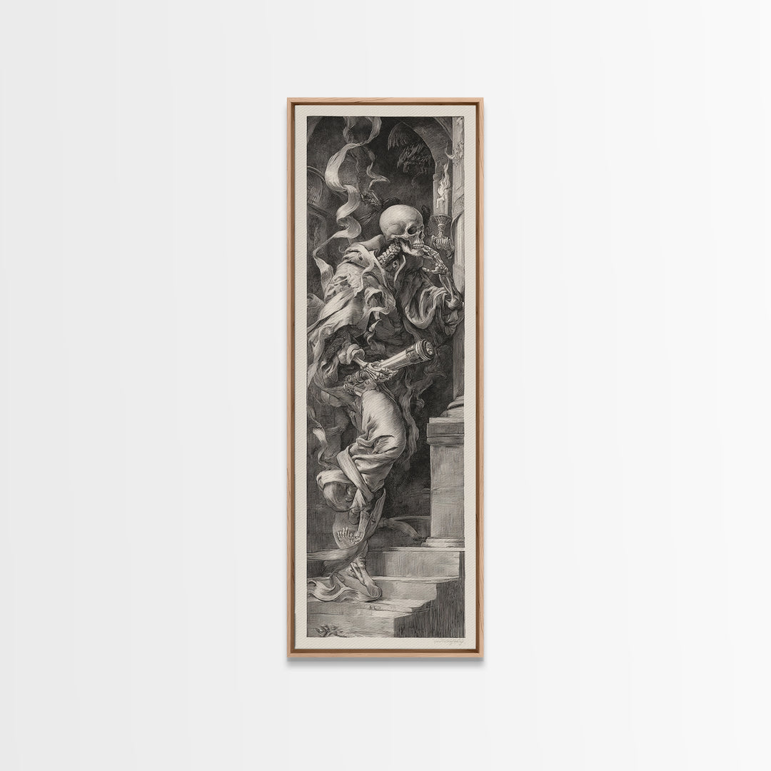 The Skull Astronomer, Architectural Etching Art, Tall Narrow Wall Art, Gothic Horror Wall Art, Framed Canvas Print
