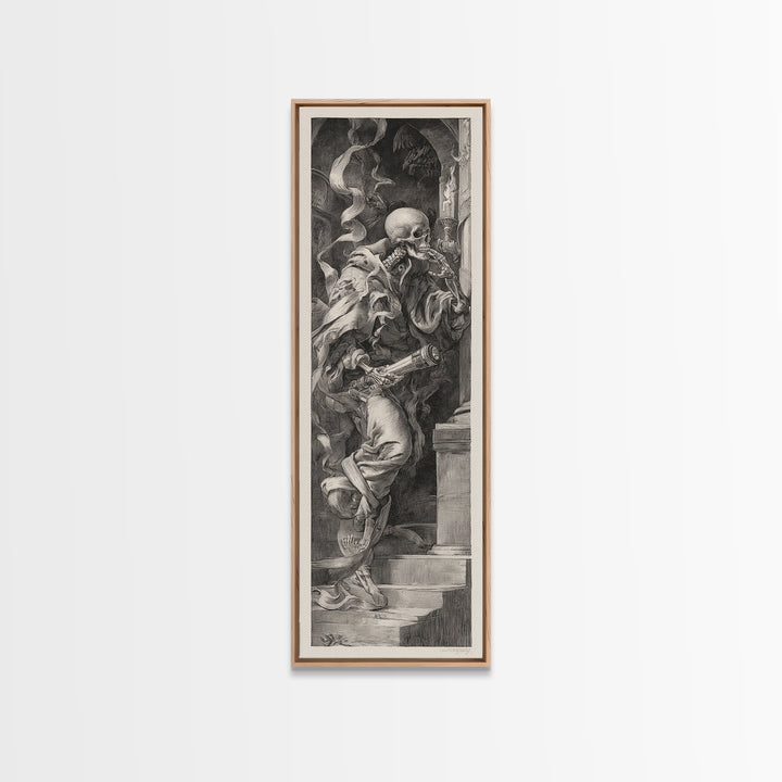 The Skull Astronomer, Architectural Etching Art, Tall Narrow Wall Art, Gothic Horror Wall Art, Framed Canvas Print