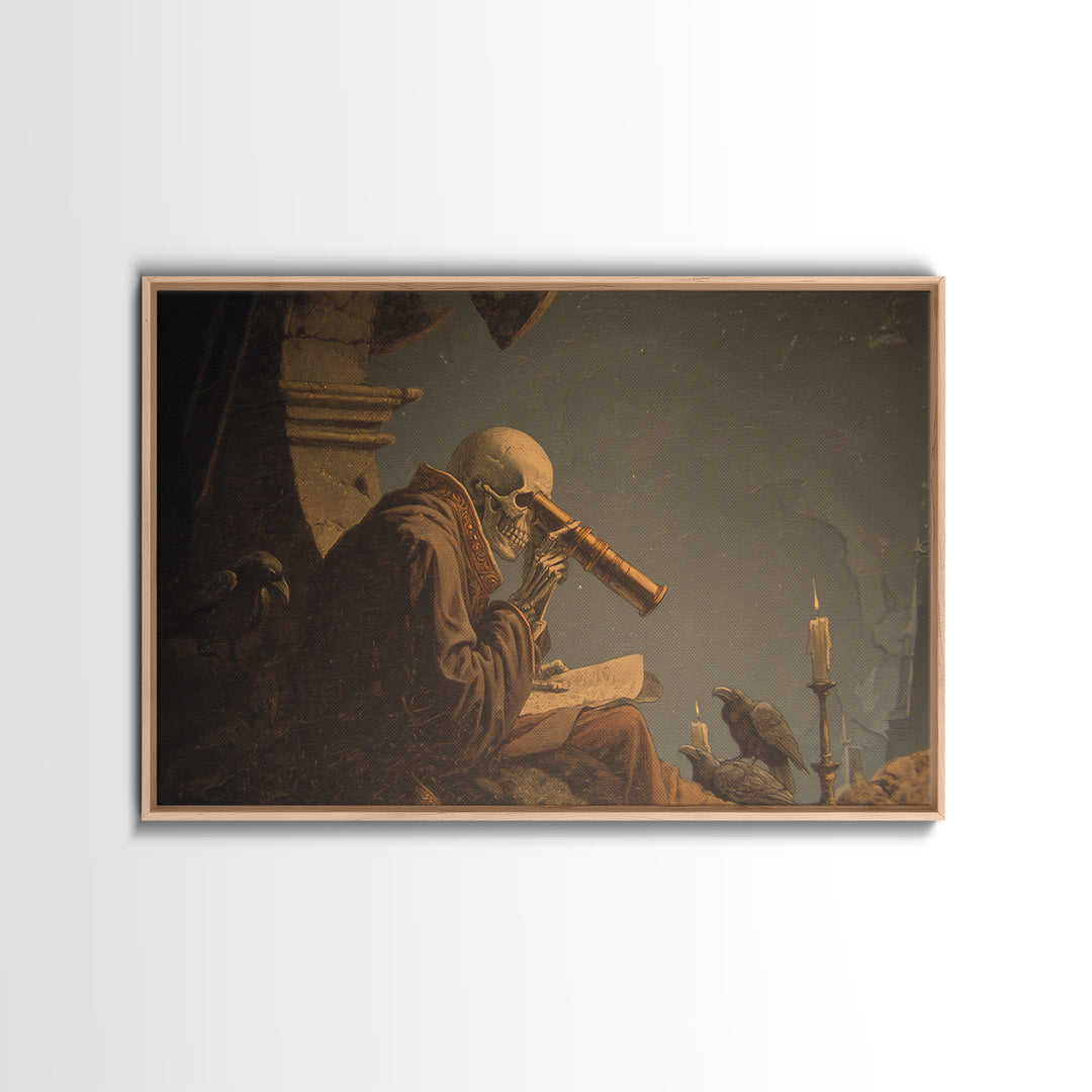 The Skull Astronomer, Romantic Gothic Landscape, Landscape Wall Art, Macabre Wall Art, Framed Canvas Print, Halloween Wall Art