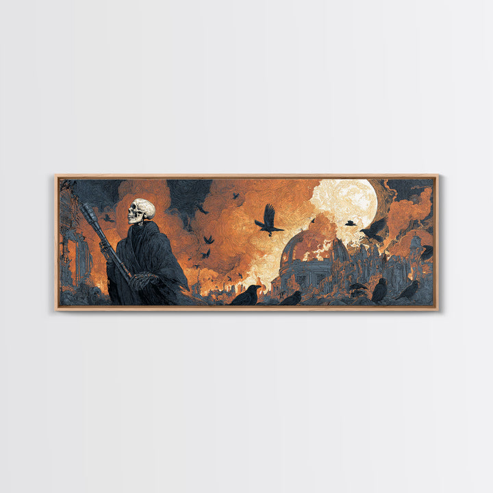 The Skull Astronomer, Apocalyptic Romantic Art, Extra Wide Wall Art, Gothic Horror Wall Art, Framed Canvas Print, Halloween Wall Art