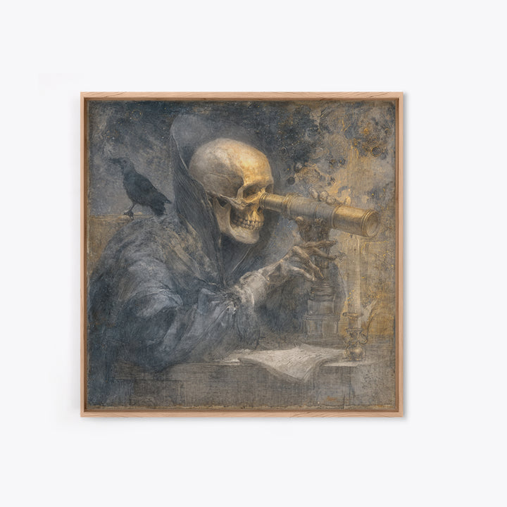 The Skull Astronomer, Symbolist Dream Art, Square Wall Art, Dark Fantasy Wall Art, Framed Canvas Print, Halloween Wall Art