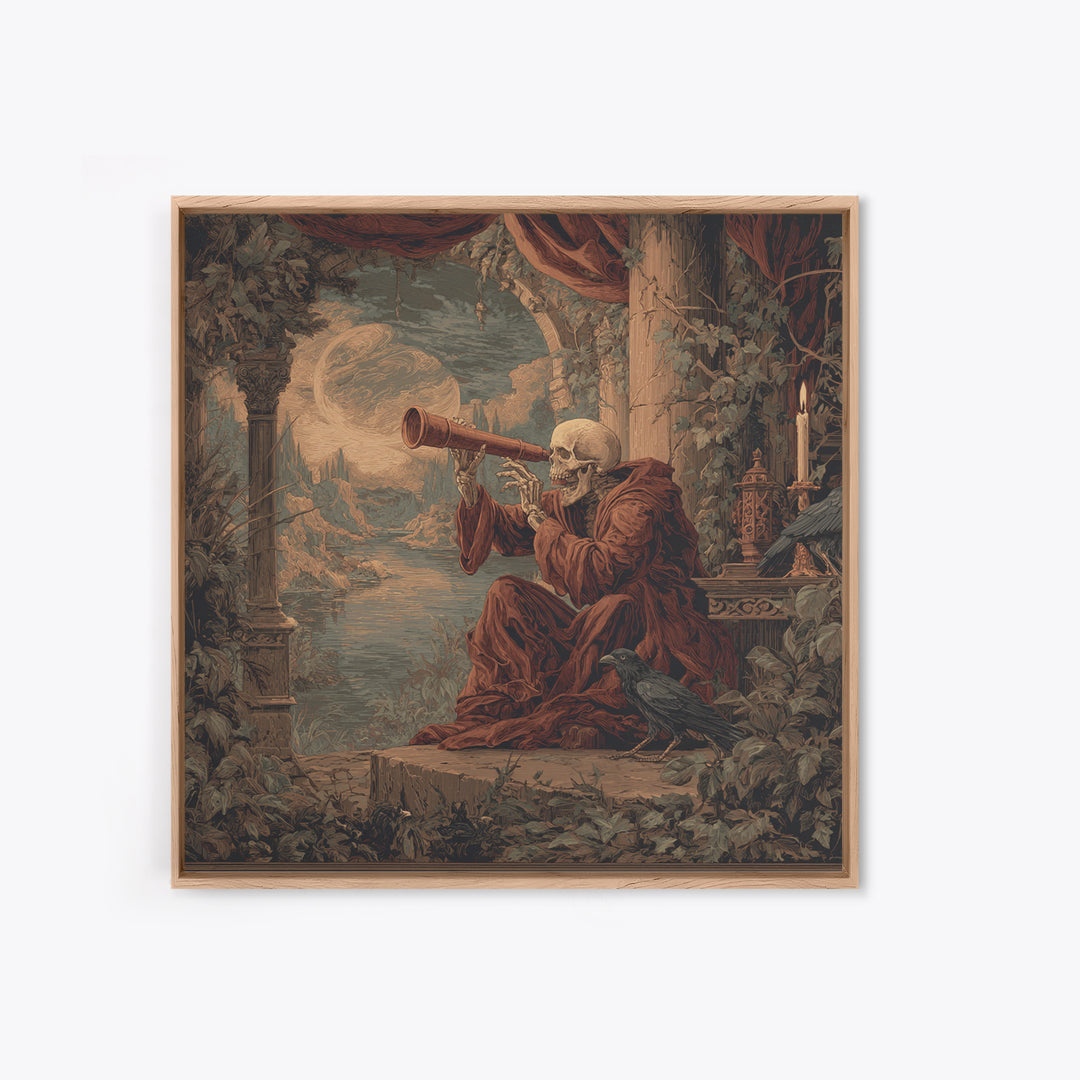 The Skull Astronomer, Symbolist Gothic Landscape, Square Wall Art, Dark Halloween Decor, Canvas Print, Halloween Wall Art