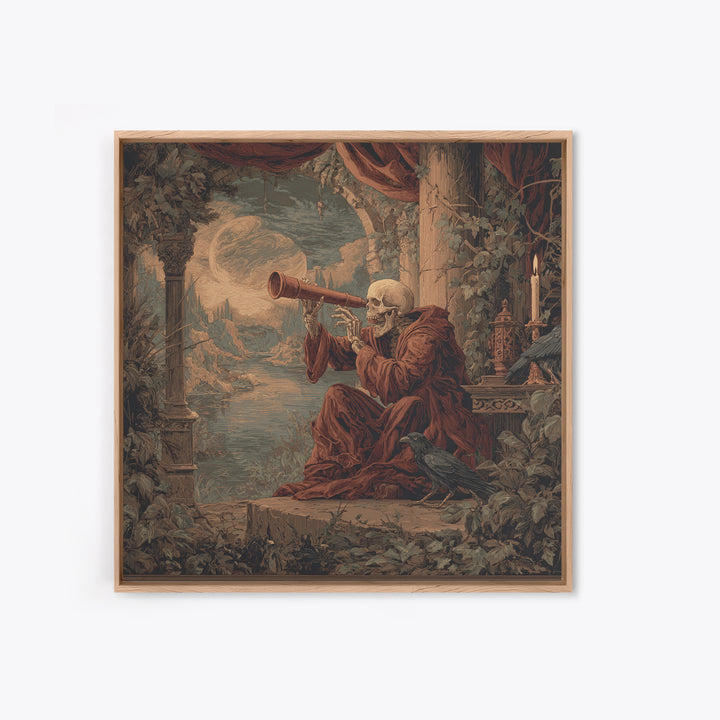 The Skull Astronomer, Symbolist Gothic Landscape, Square Wall Art, Dark Halloween Decor, Canvas Print, Halloween Wall Art