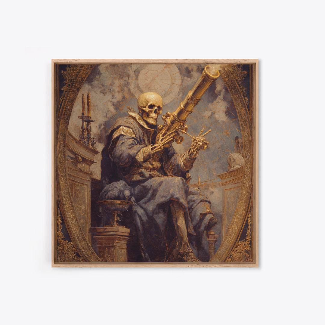 The Skull Astronomer, Ornate Symbolist Art, Square Wall Art, Macabre Wall Art, Framed Canvas Print, Halloween Wall Art
