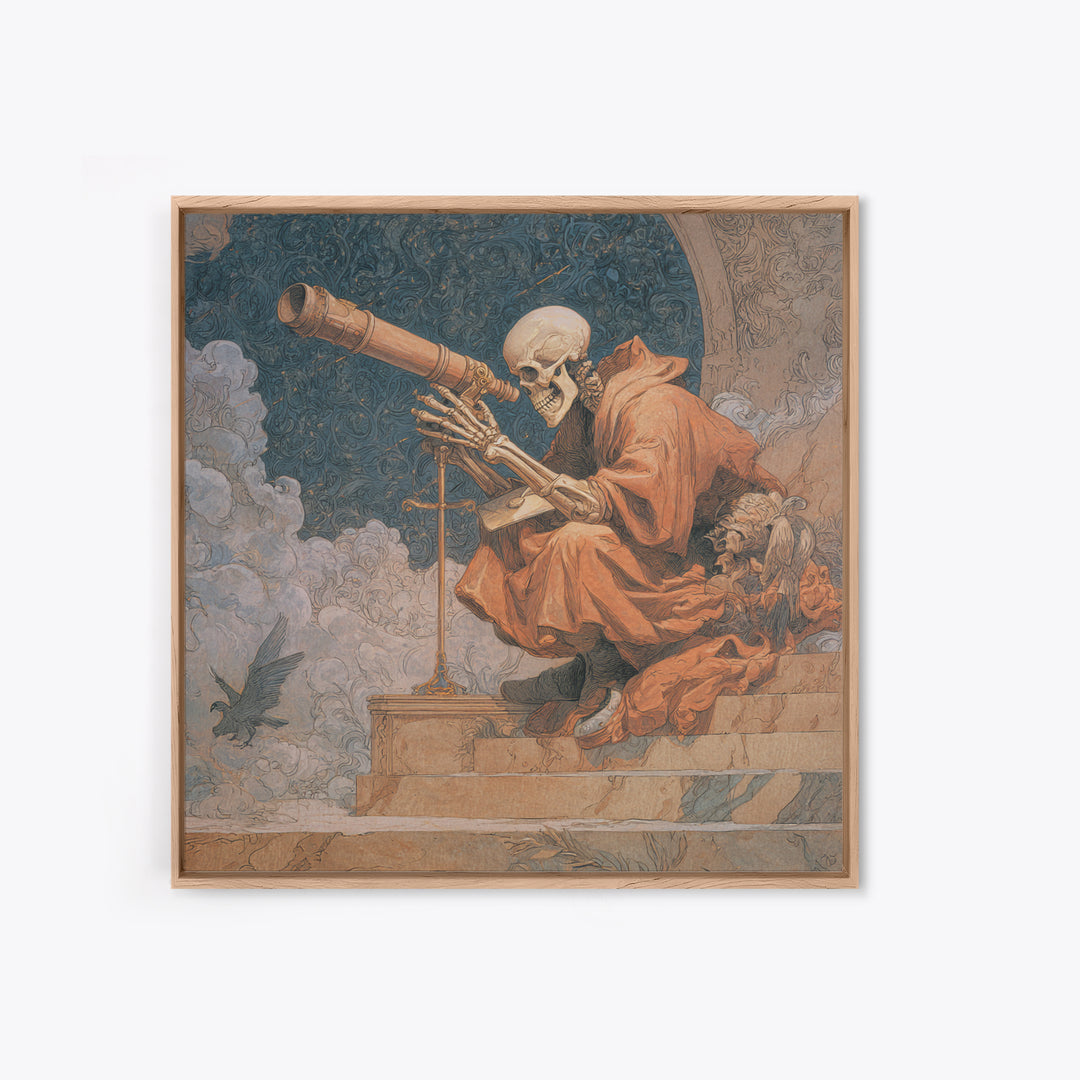 The Skull Astronomer, Symbolist Death Art, Square Wall Art, Dark Halloween Decor, Canvas Print, Halloween Wall Art