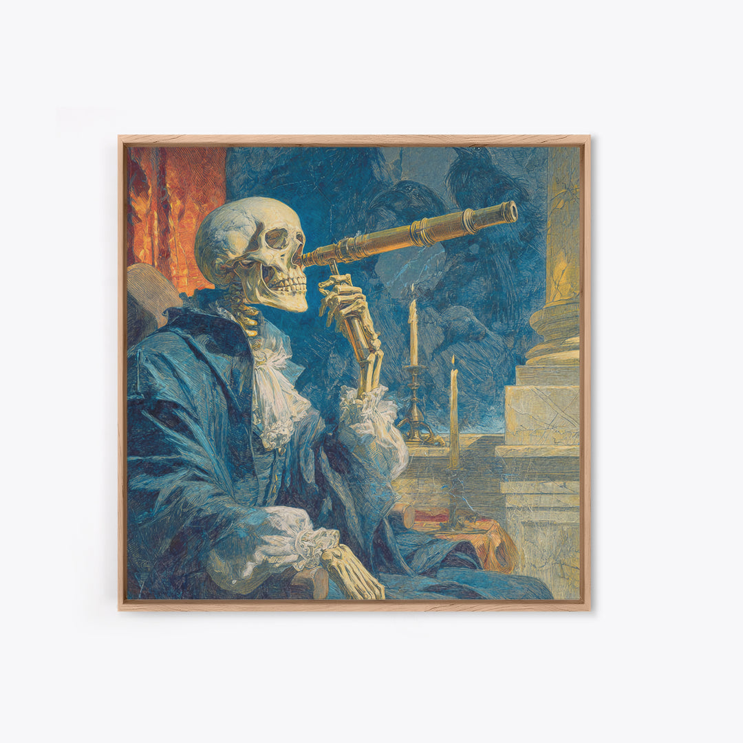 The Skull Astronomer, Symbolist Etching Art, Square Wall Art, Dark Fantasy Wall Art, Framed Canvas Print, Halloween Wall Art