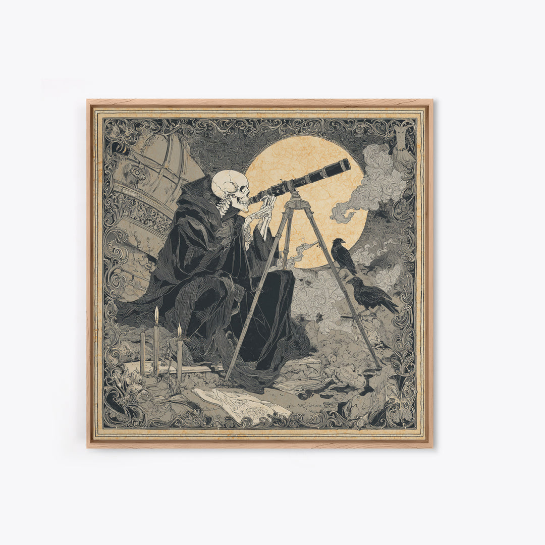 The Skull Astronomer, Decadent Line Art, Square Wall Art, Dark Fantasy Wall Art, Framed Canvas Print, Halloween Wall Art