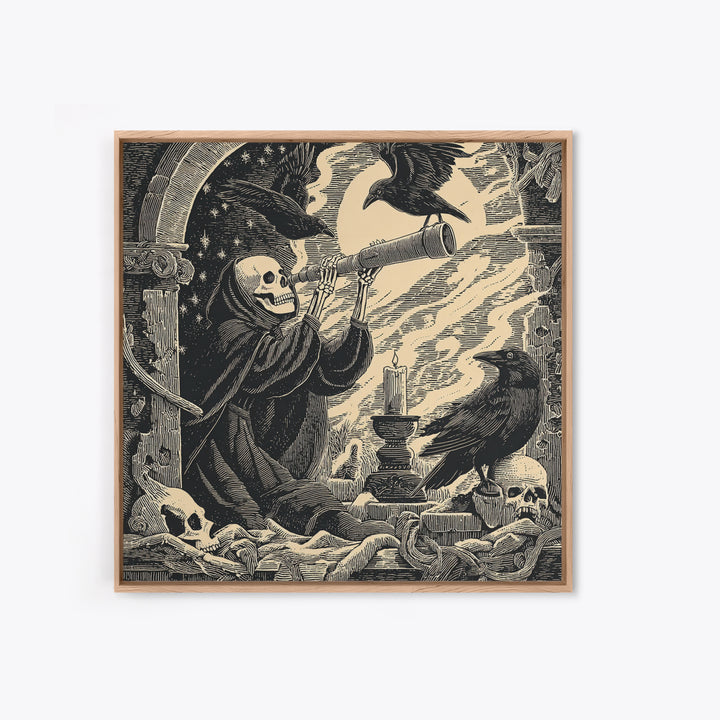 The Skull Astronomer, Macabre Folk Print Art, Square Wall Art, Gothic Horror Wall Art, Framed Canvas Print, Halloween Wall Art