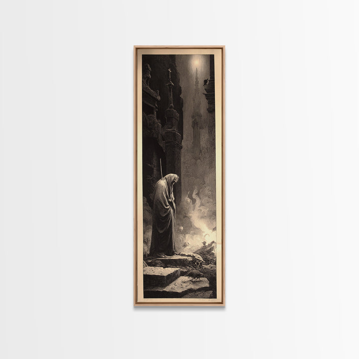 The Cemetery Beekeeper, Gothic Engraving Art, Tall Narrow Wall Art, Dark Fantasy Wall Art, Framed Canvas Print, Halloween Wall Art