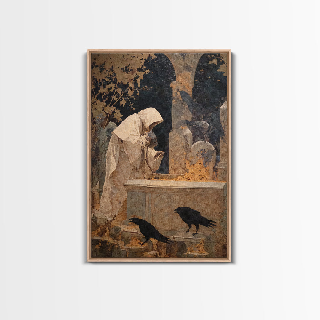 The Cemetery Beekeeper, Symbolist Etching Art, Vertical Wall Art, Dark Fantasy Wall Art, Framed Canvas Print, Halloween Wall Art