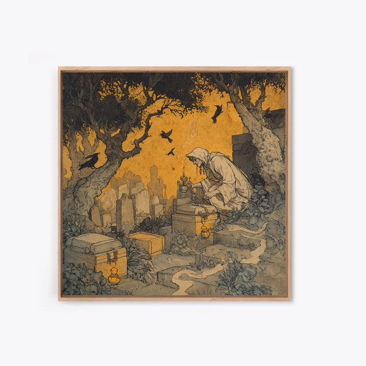 The Cemetery Beekeeper, Gothic Storybook Art, Square Wall Art, Dark Halloween Decor, Canvas Print, Halloween Wall Art
