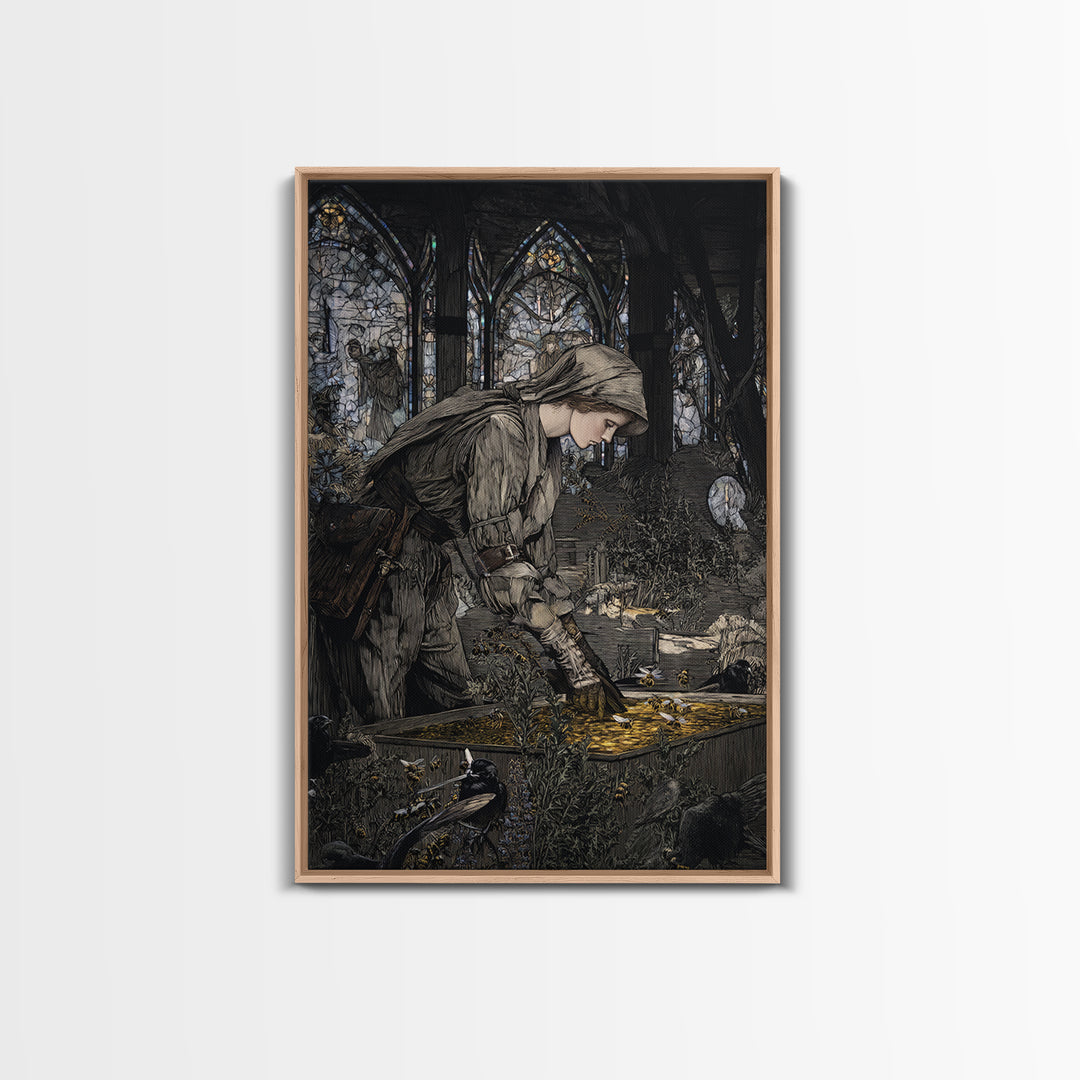 The Cemetery Beekeeper, Stained Glass Gothic Art, Vertical Wall Art, Dark Halloween Decor, Framed Canvas Print, Halloween Wall Art