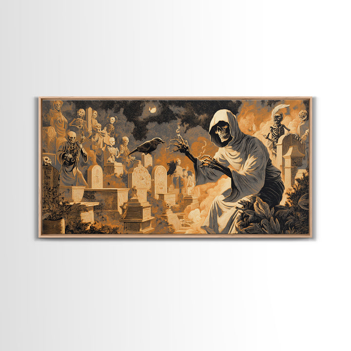 The Cemetery Beekeeper, Macabre Folk Print Art, Wide Panoramic Art, Dark Fantasy Wall Art, Canvas Print, Halloween Wall Art