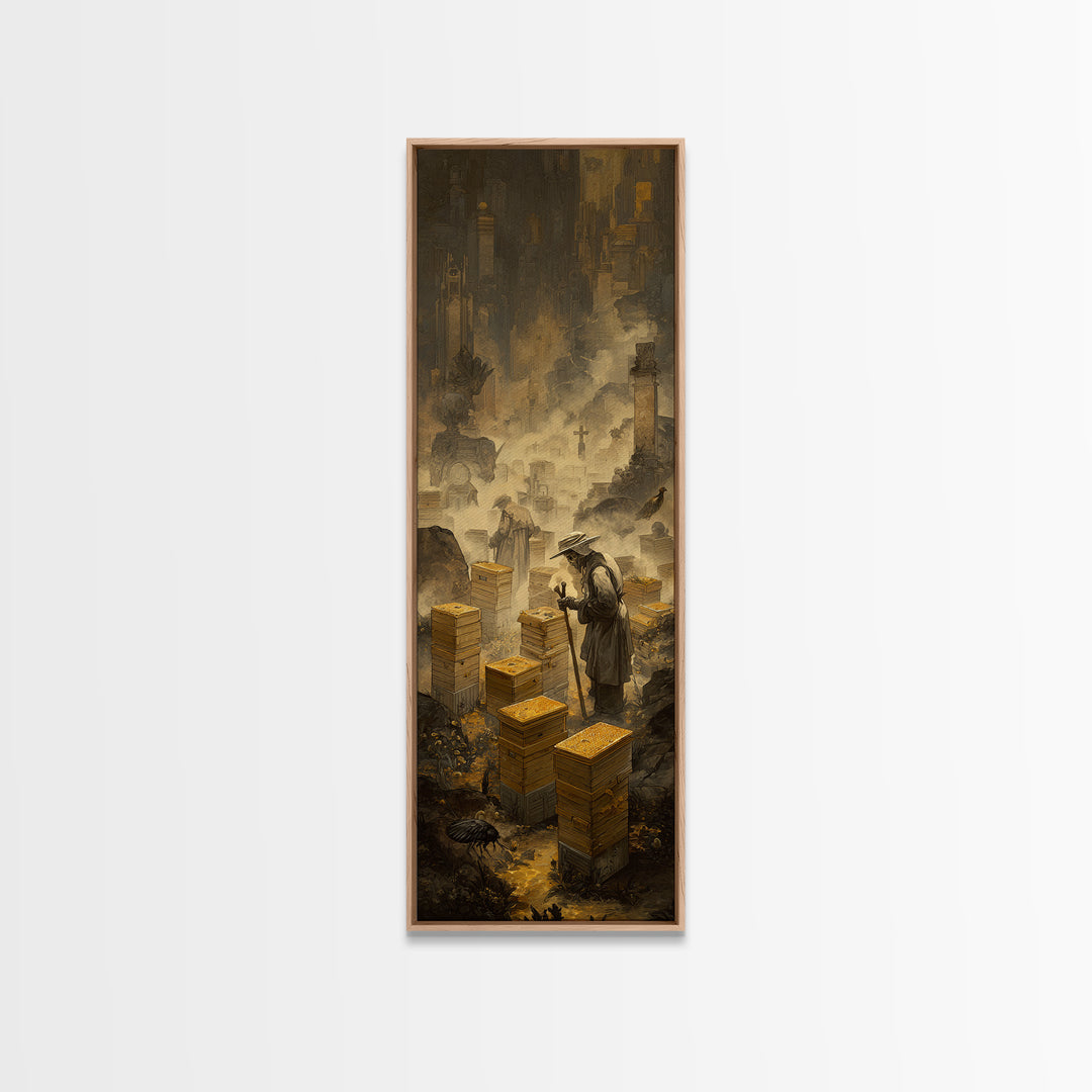 The Cemetery Beekeeper, Surreal Apocalyptic Art, Tall Narrow Wall Art, Dark Fantasy Wall Art, Framed Canvas Print, Macabre Wall Art