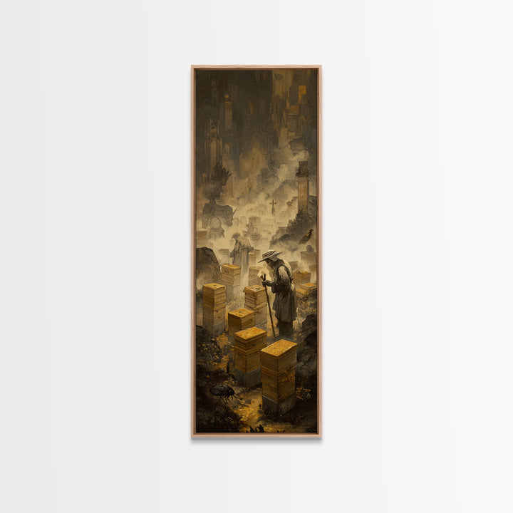 The Cemetery Beekeeper, Surreal Apocalyptic Art, Tall Narrow Wall Art, Dark Fantasy Wall Art, Framed Canvas Print, Macabre Wall Art