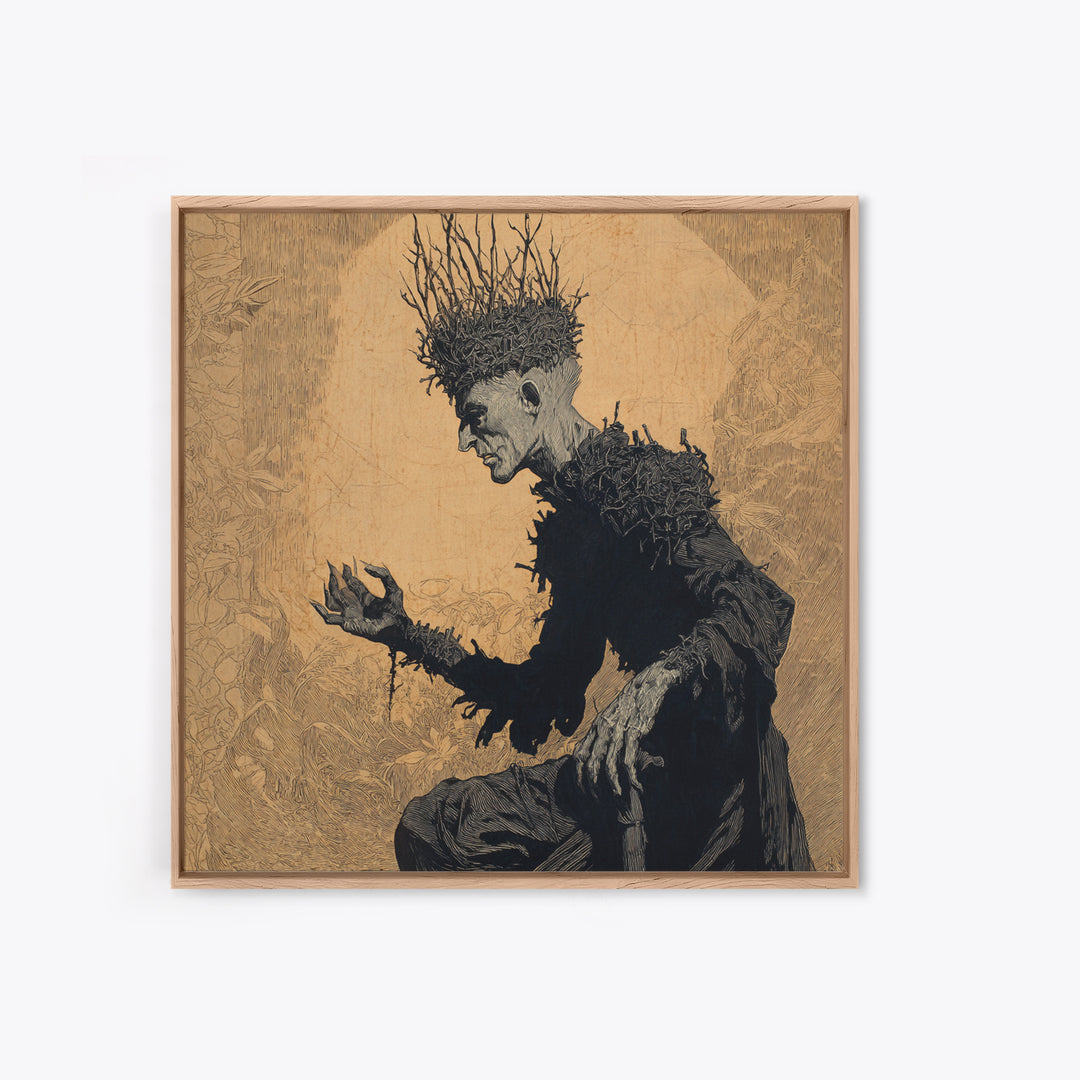 The Thorn-Crowned King, Symbolist Etching Art, Square Wall Art, Dark Halloween Decor, Framed Canvas Print, Halloween Wall Art