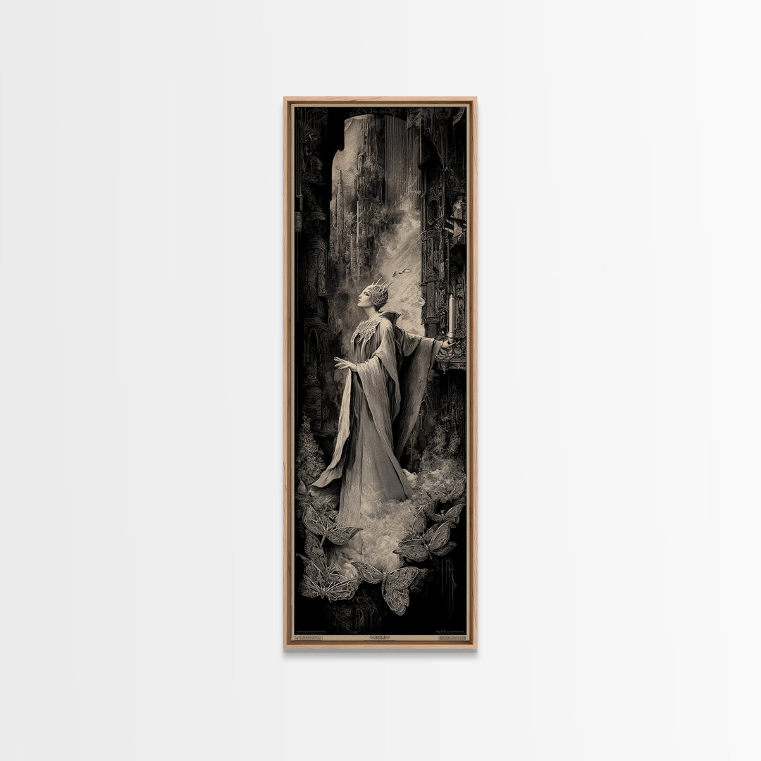 The Moth-Winged Empress, Gothic Engraving Art, Tall Narrow Wall Art, Dark Fantasy Wall Art, Framed Canvas Print, Halloween Wall Art