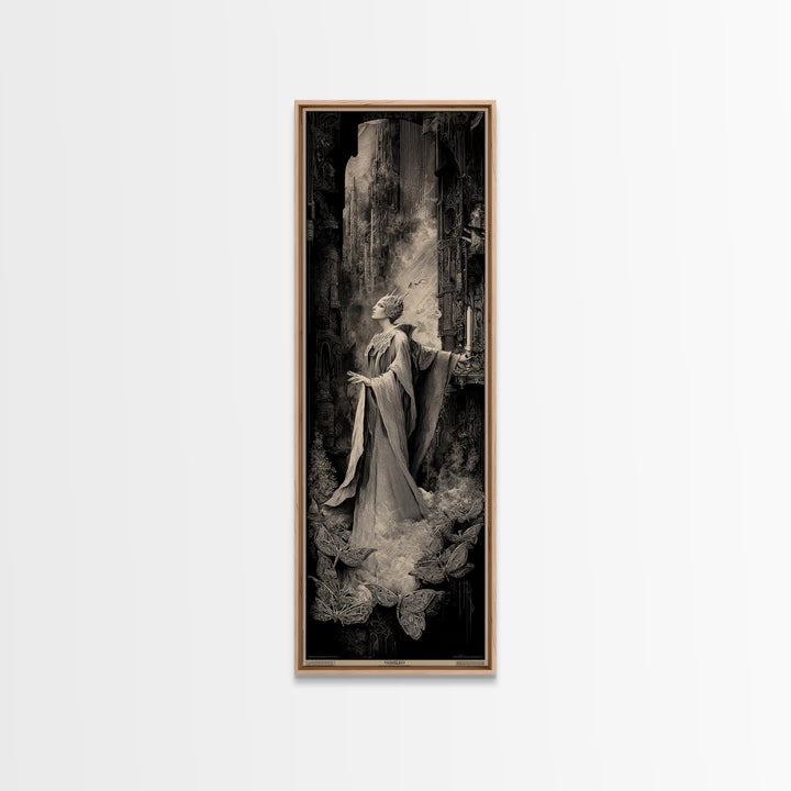 The Moth-Winged Empress, Gothic Engraving Art, Tall Narrow Wall Art, Dark Fantasy Wall Art, Framed Canvas Print, Halloween Wall Art