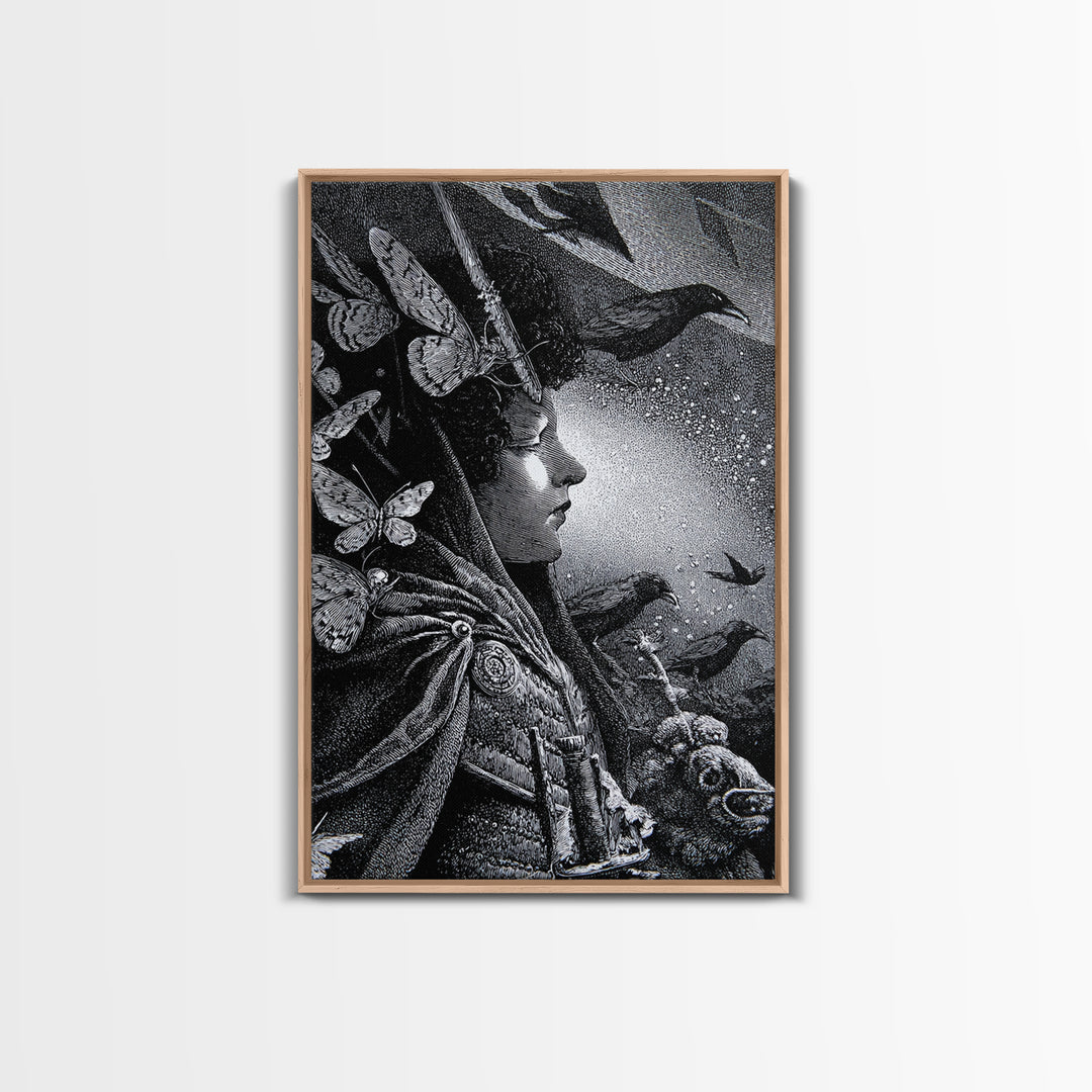 The Moth-Winged Empress, Renaissance Engraving Art, Vertical Wall Art, Macabre Wall Art, Framed Canvas Print, Halloween Wall Art