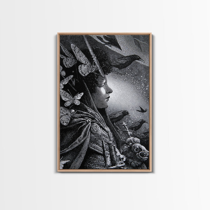 The Moth-Winged Empress, Renaissance Engraving Art, Vertical Wall Art, Macabre Wall Art, Framed Canvas Print, Halloween Wall Art
