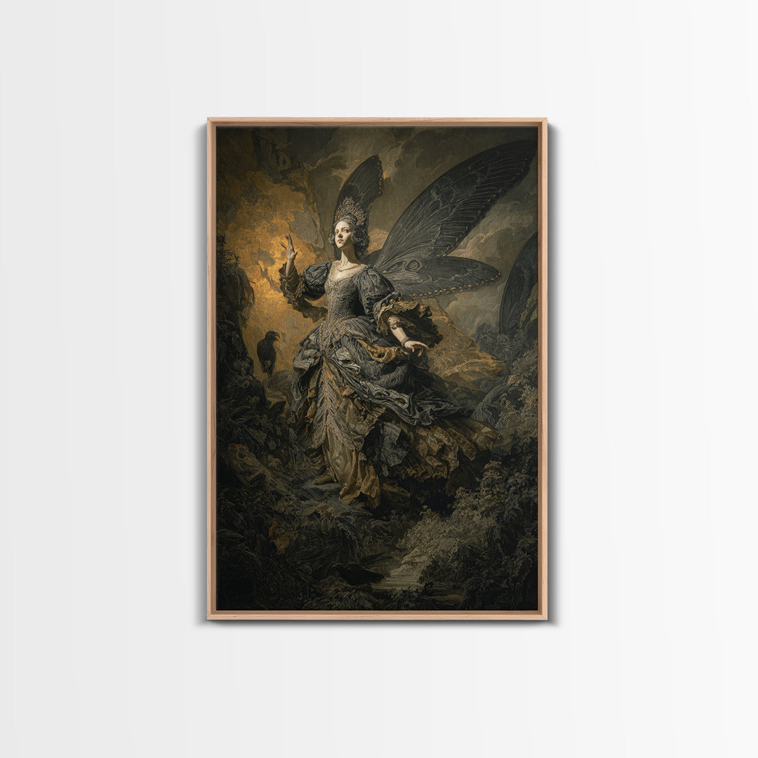 The Moth-Winged Empress, Baroque Witchcraft Art, Vertical Wall Art, Dark Halloween Decor, Framed Canvas Print, Halloween Wall Art