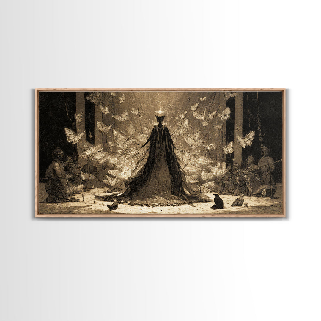 The Moth-Winged Empress, Expressionist Nightmare Art, Wide Panoramic Art, Dark Halloween Decor, Framed Canvas Print, Halloween Wall Art