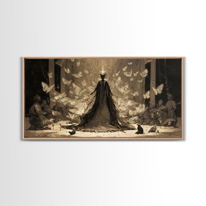 The Moth-Winged Empress, Expressionist Nightmare Art, Wide Panoramic Art, Dark Halloween Decor, Framed Canvas Print, Halloween Wall Art