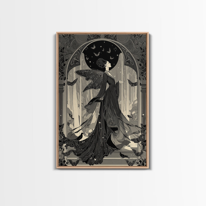 The Moth-Winged Empress, Decadent Line Art, Vertical Wall Art, Gothic Horror Wall Art, Framed Canvas Print, Halloween Wall Art