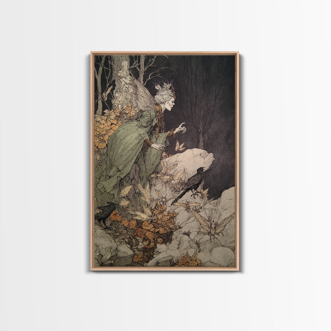 The Moth-Winged Empress, Gothic Storybook Art, Vertical Wall Art, Macabre Wall Art, Framed Canvas Print, Halloween Wall Art