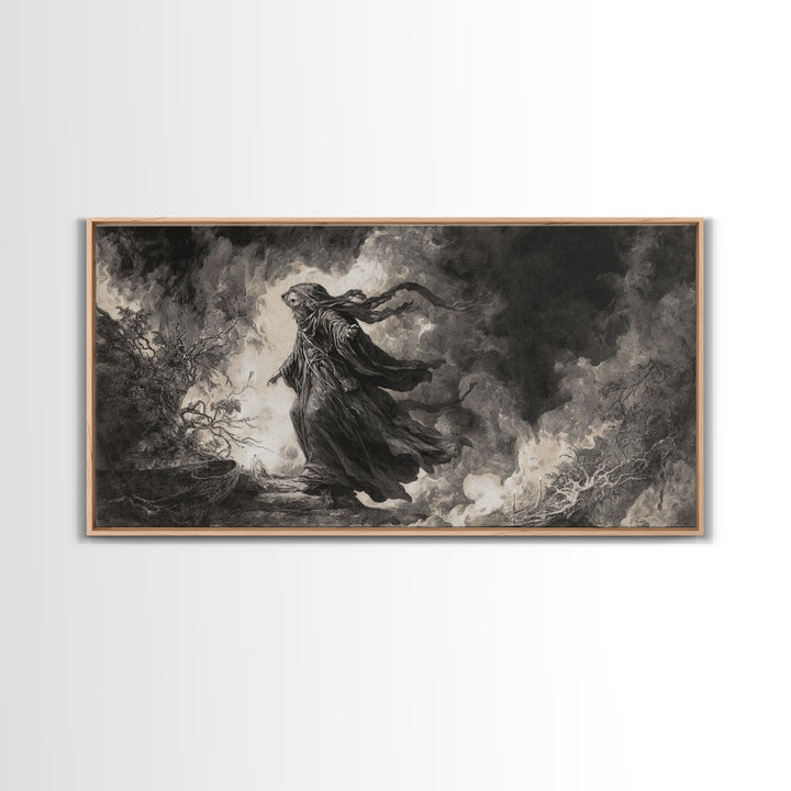 The Ash-Covered Oracle, Baroque Witchcraft Art, Wide Panoramic Art, Gothic Horror Wall Art, Framed Canvas Print, Halloween Wall Art