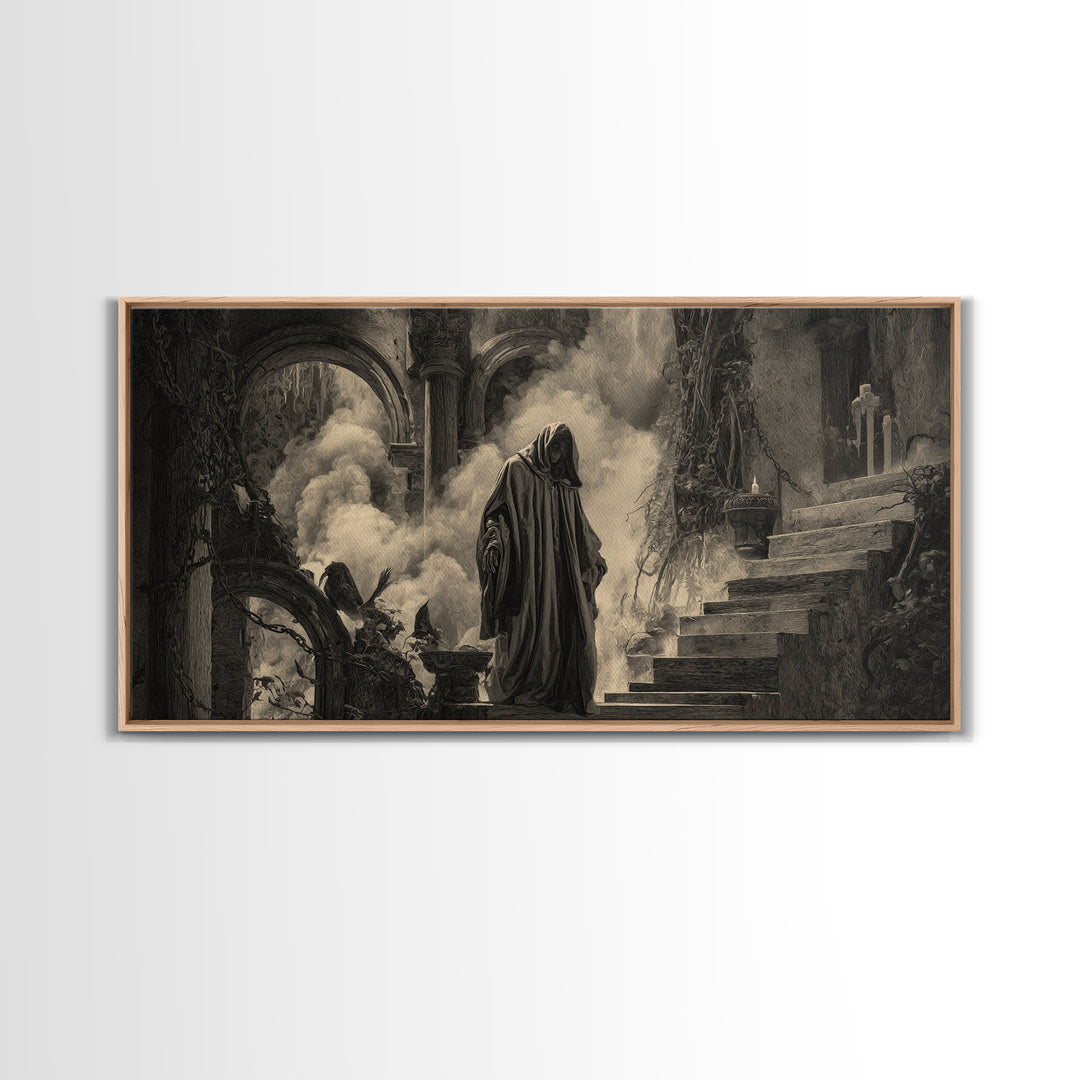 The Ash-Covered Oracle, Architectural Etching Art, Wide Panoramic Art, Dark Fantasy Wall Art, Framed Canvas Print