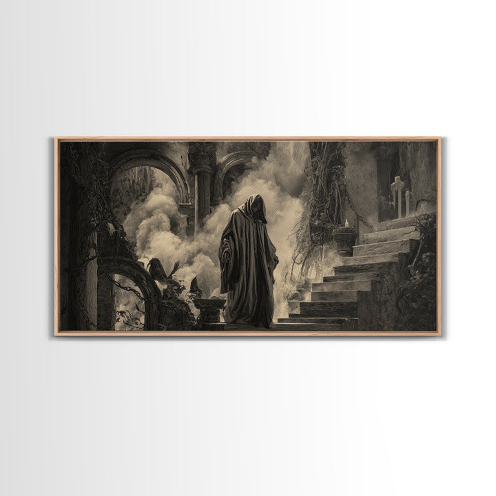 The Ash-Covered Oracle, Architectural Etching Art, Wide Panoramic Art, Dark Fantasy Wall Art, Framed Canvas Print