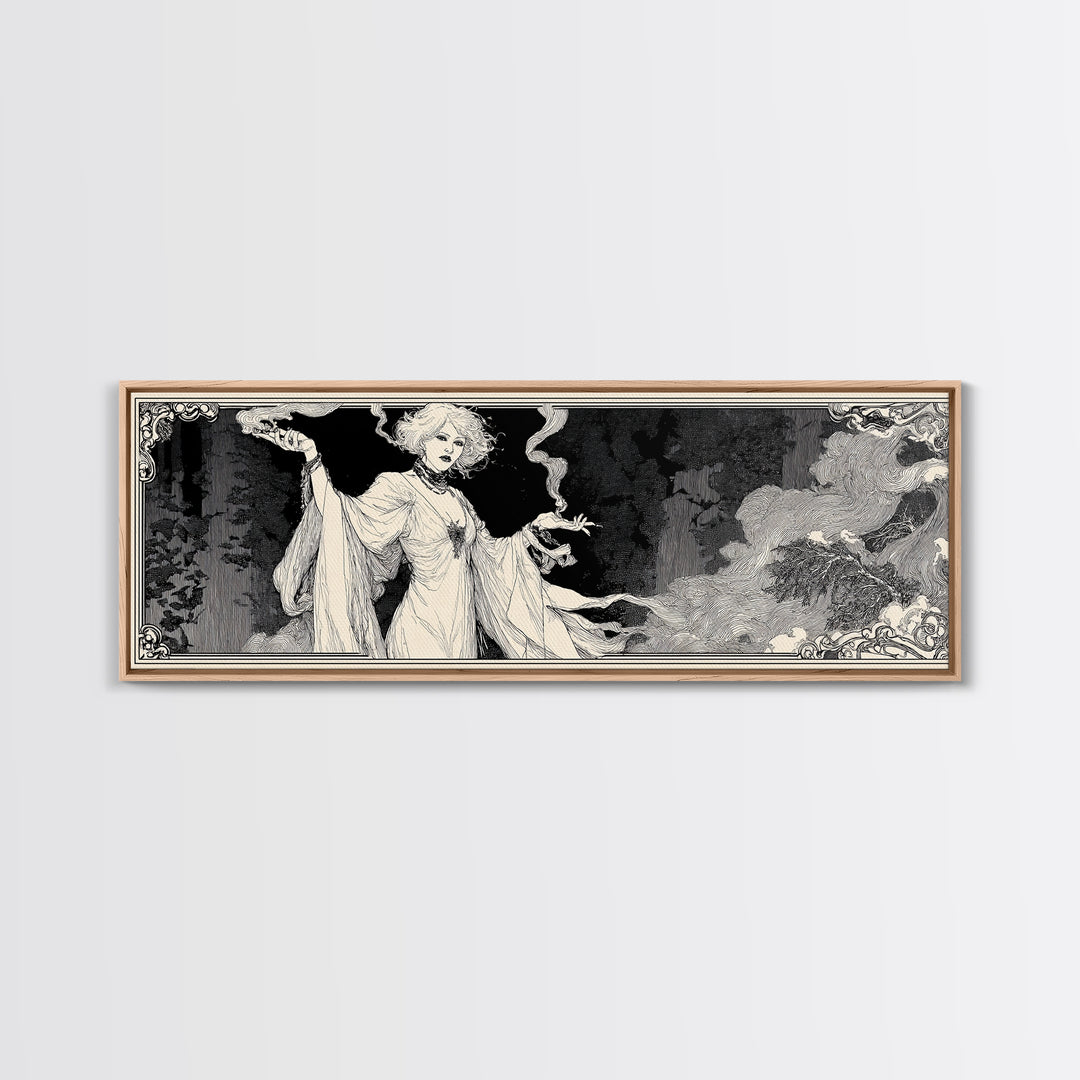 The Ash-Covered Oracle, Decadent Line Art, Extra Wide Wall Art, Gothic Horror Wall Art, Framed Canvas Print, Halloween Wall Art